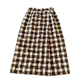 Vintage 70s Brown White Gingham Plaid Midi Skirt Western Prairie Preppy Fall XS